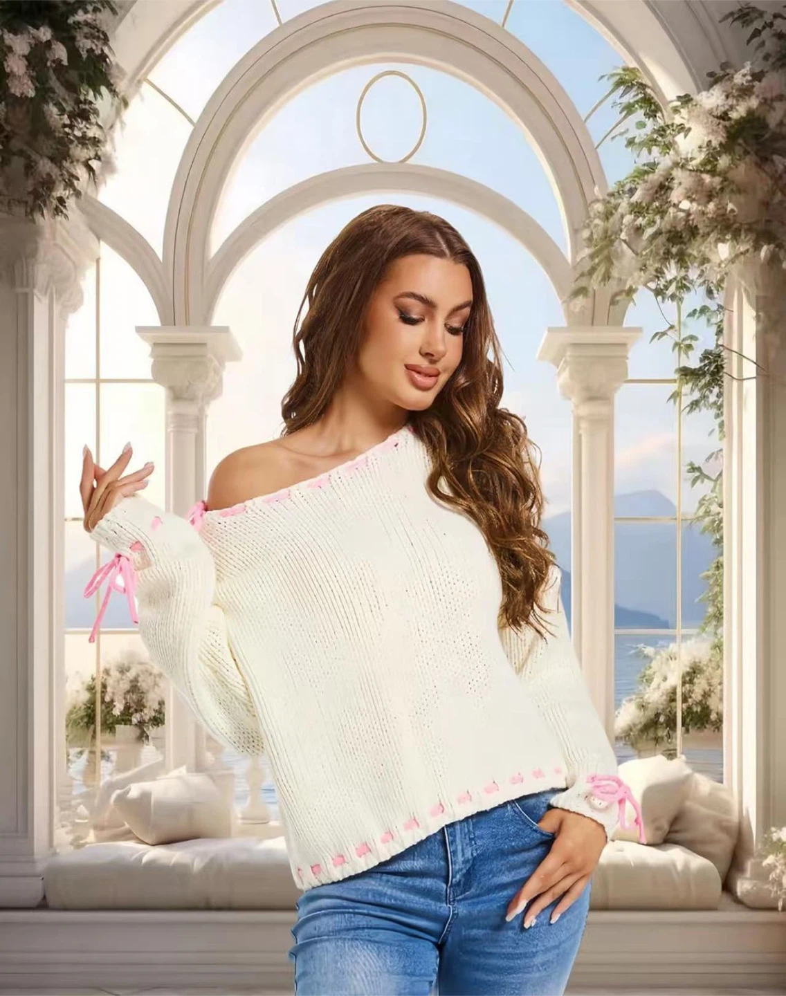 White Knit Sweater with Pink Ribbon Detail - photo 3