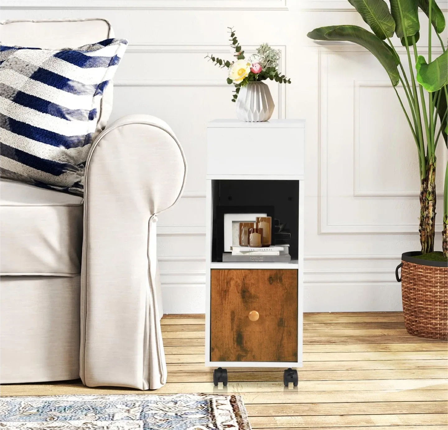 White & Brown Rolling Bedside Table - FULLY ASSEMBLED, NEw image indicator(2)