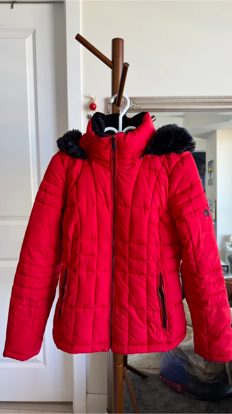 Calvin Klein Red Puffer Jacket with Faux Fur Hood