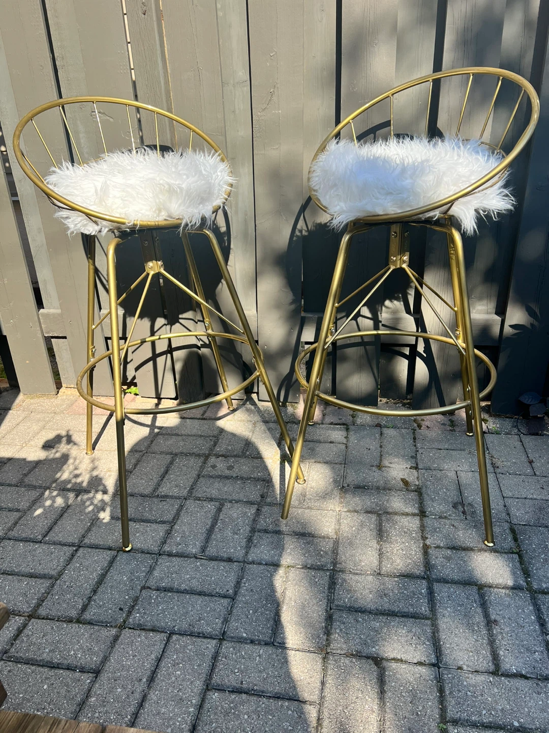 Brass/Gold Swivelling Stools Faux Fur Seats - Set of 2