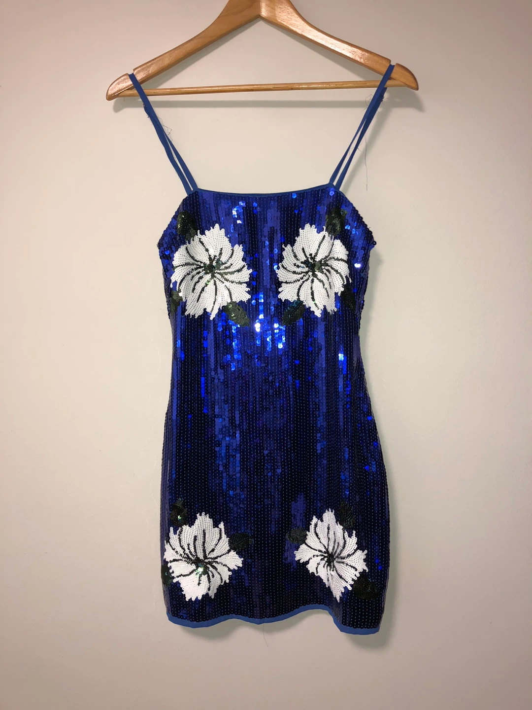 Blue Sequin Dress with Floral Appliqués - Size L