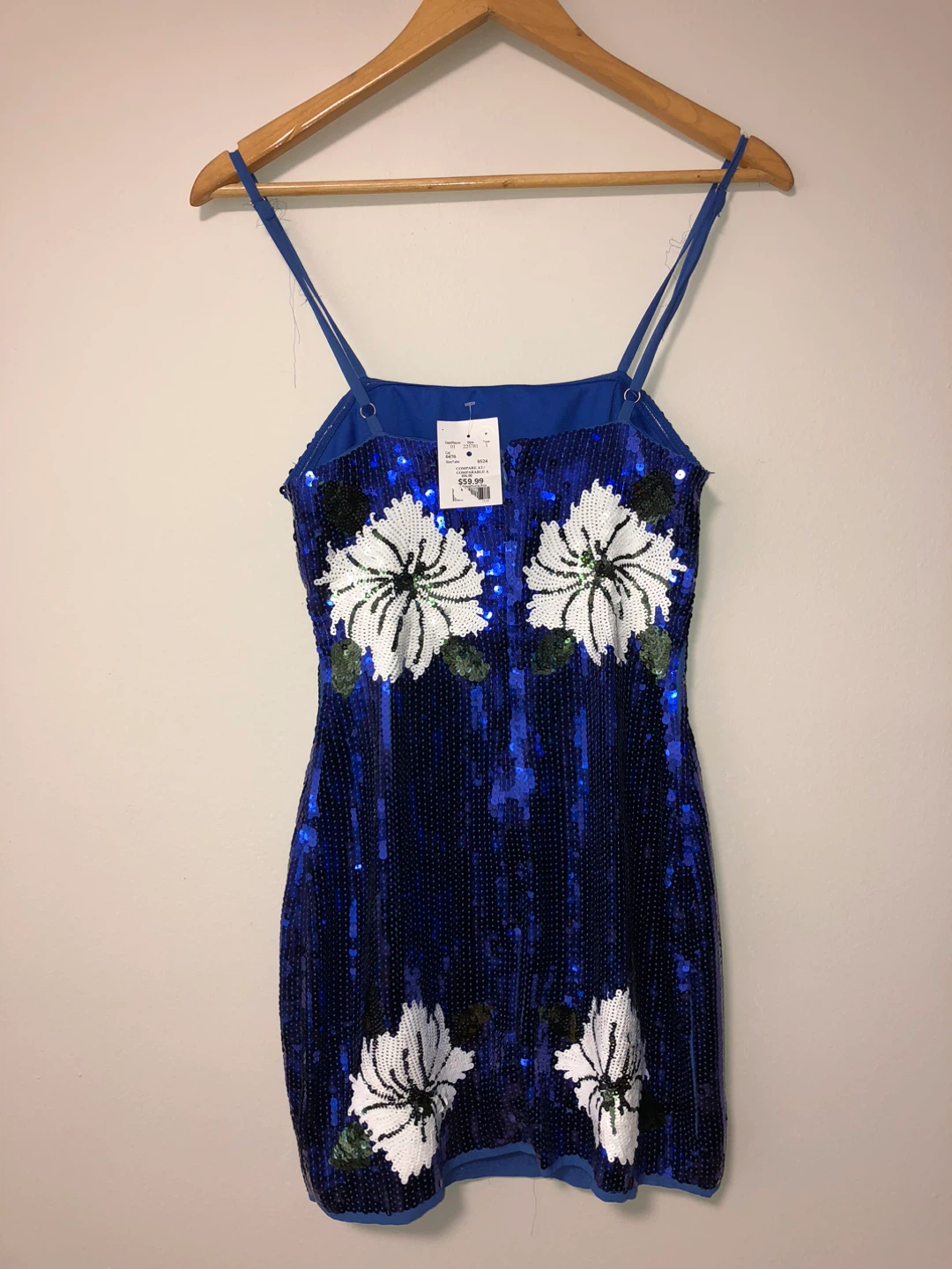 Blue Sequin Dress with Floral Appliqués - Size L - photo 2