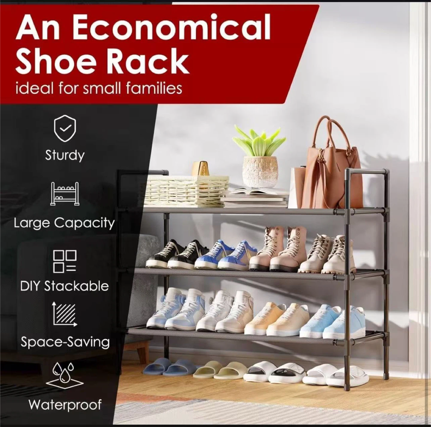 Black 3-Tier Shoe Rack - Large Capacity - photo 4