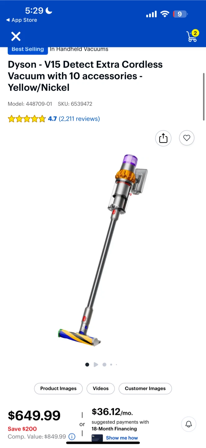 Dyson V15 Detect Extra Cordless Vacuum - Yellow/Nickel