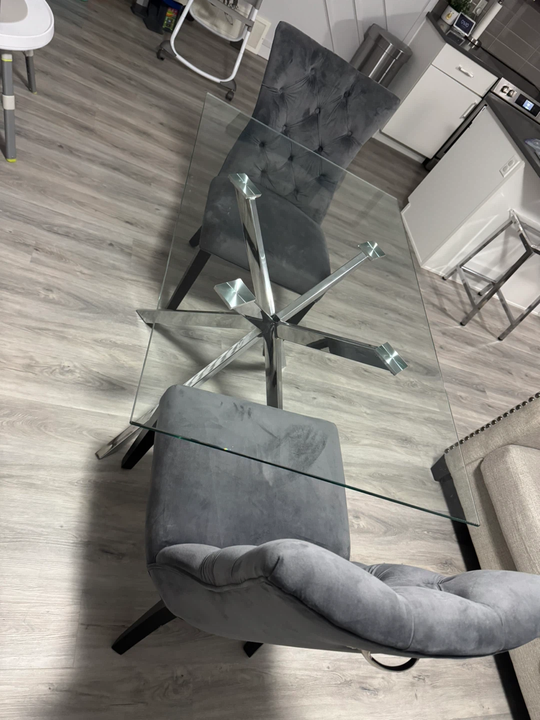 Glass Dining Table with Grey Velvet Chairs