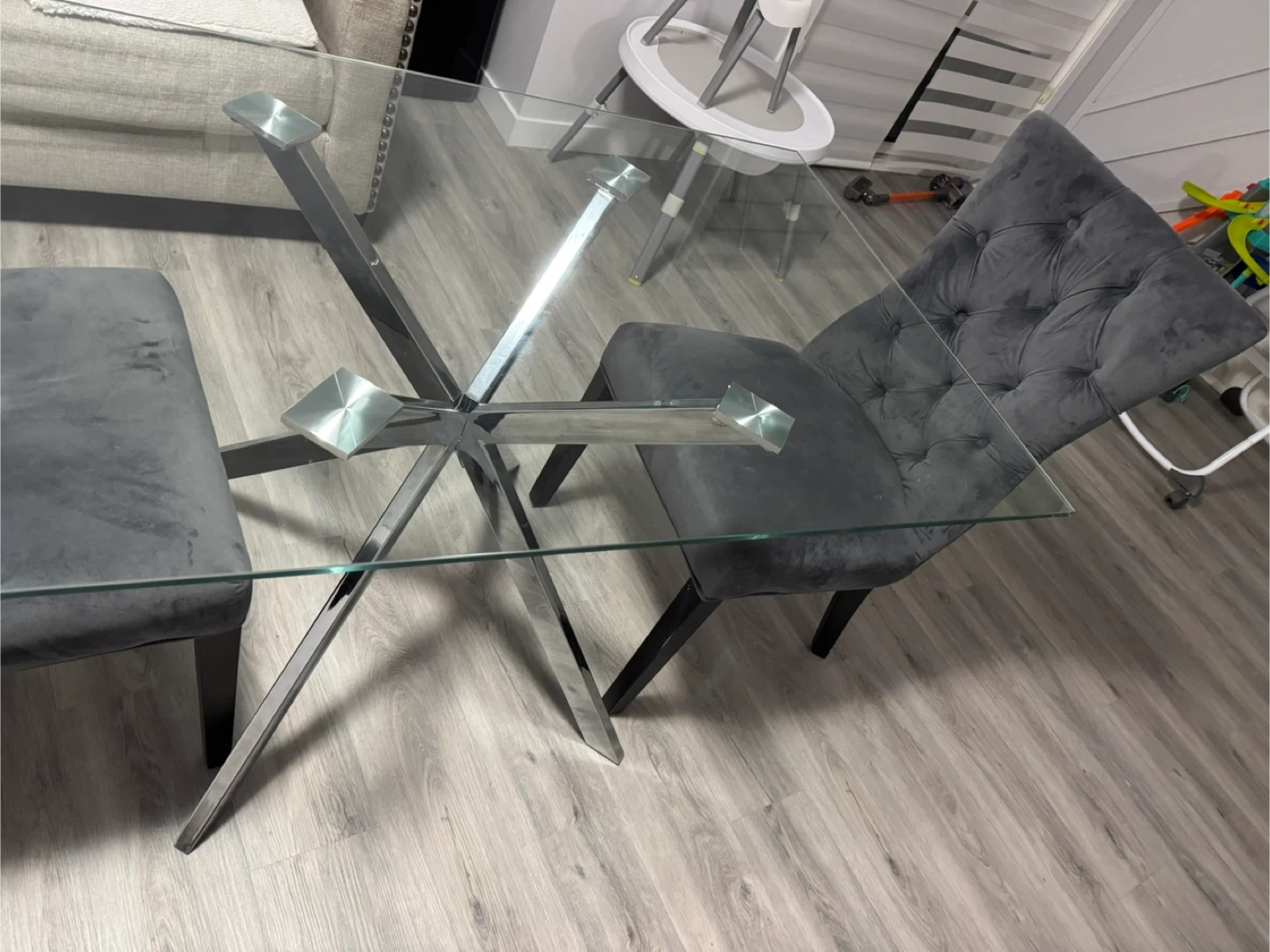 Glass Dining Table with Grey Velvet Chairs - photo 2