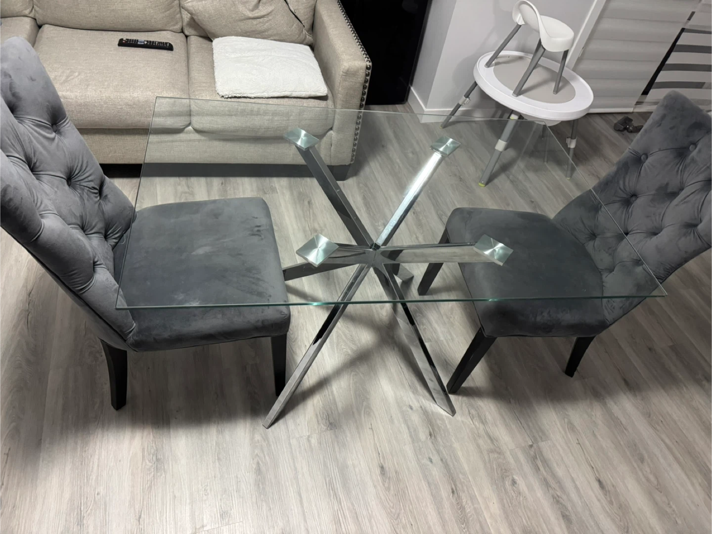 Glass Dining Table with Grey Velvet Chairs - photo 3