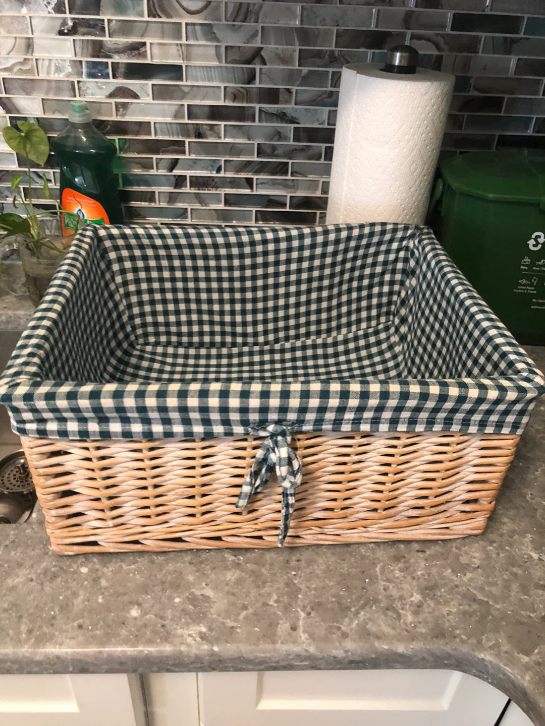 Wicker Basket with Green Gingham Liner