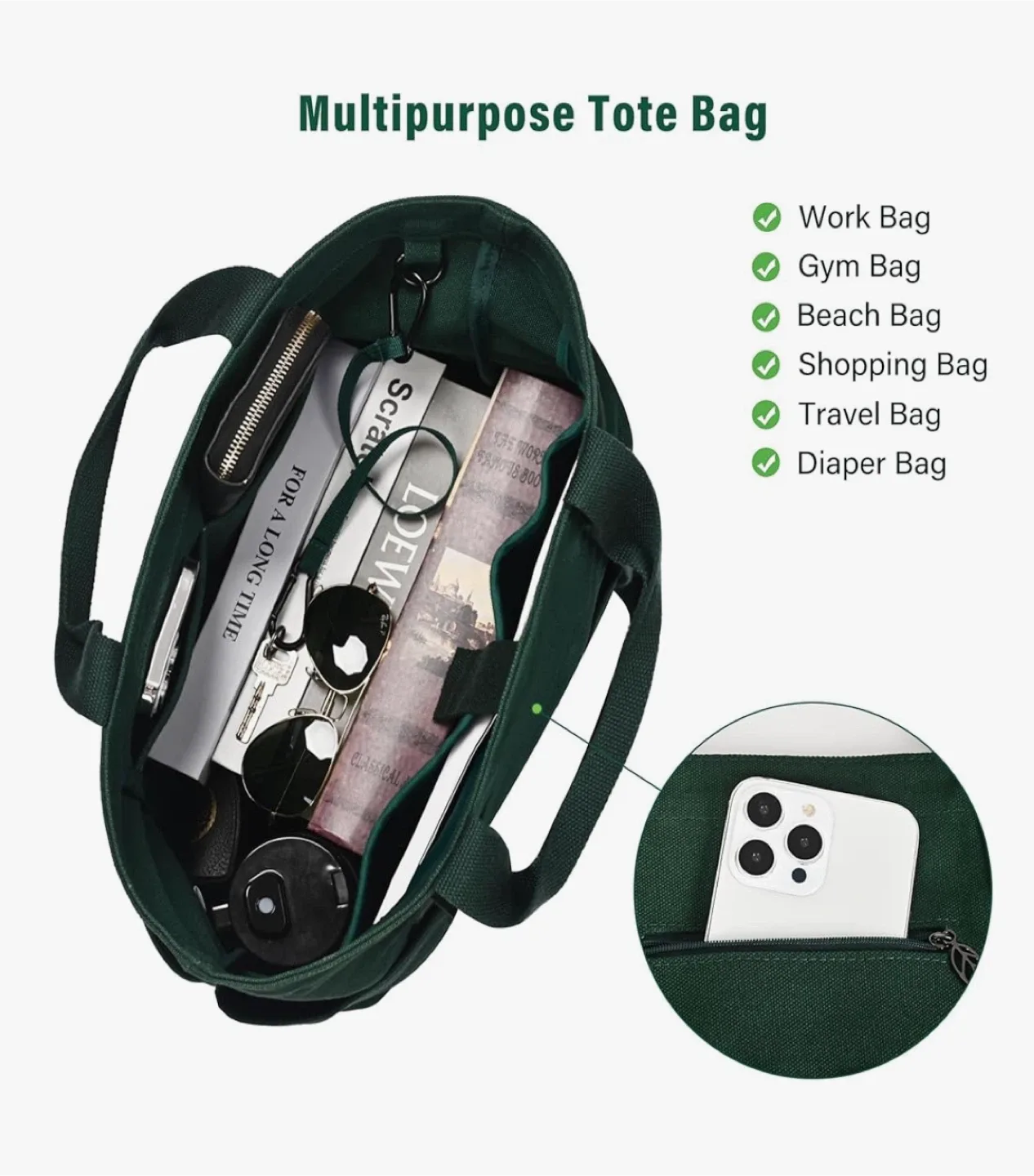 Green Canvas Tote Bag with Shoulder Strap image indicator(8)