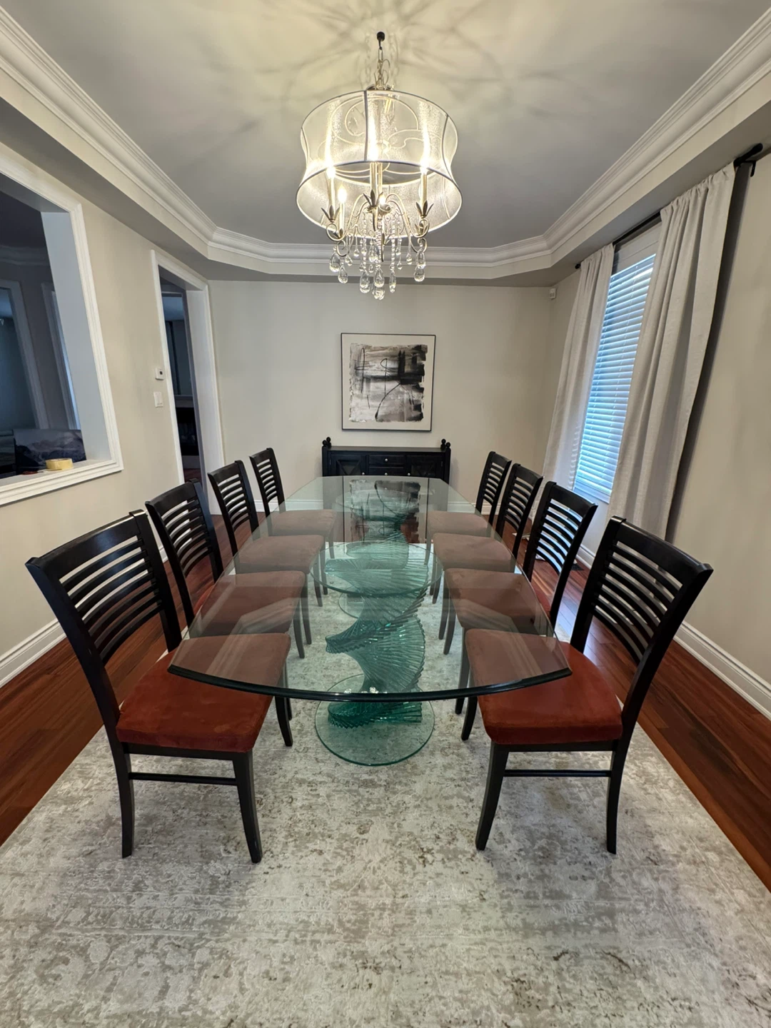 Large Glass Dining Table with 8 Chairs – Modern Spiral Base