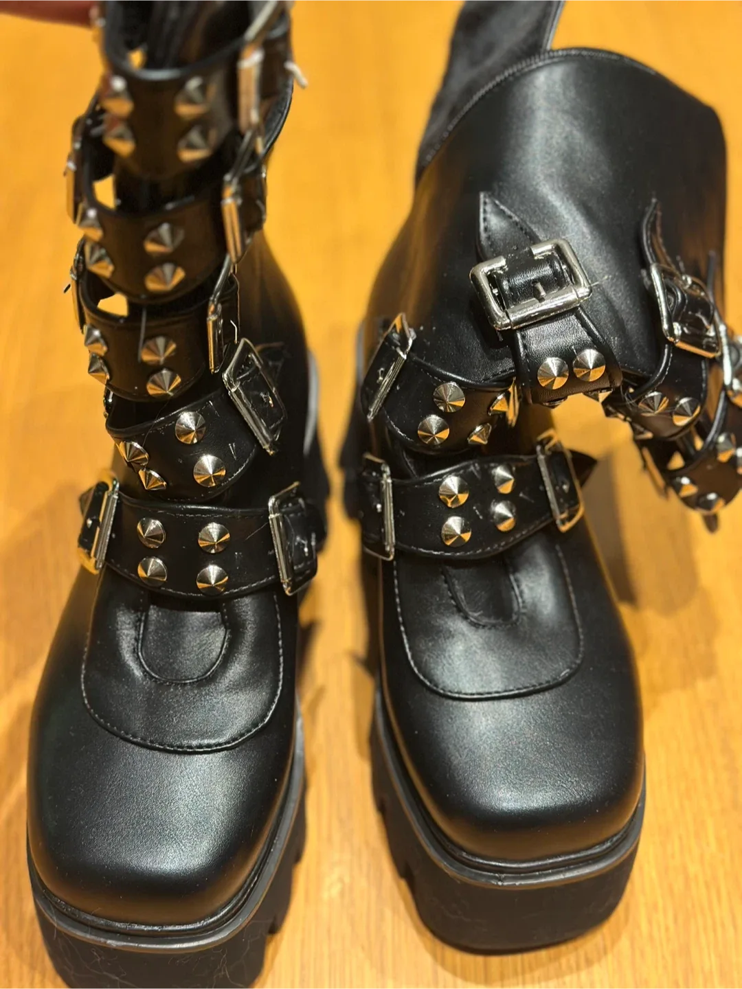 Black Platform Boots with Studded Straps - Size 7 thumbnail