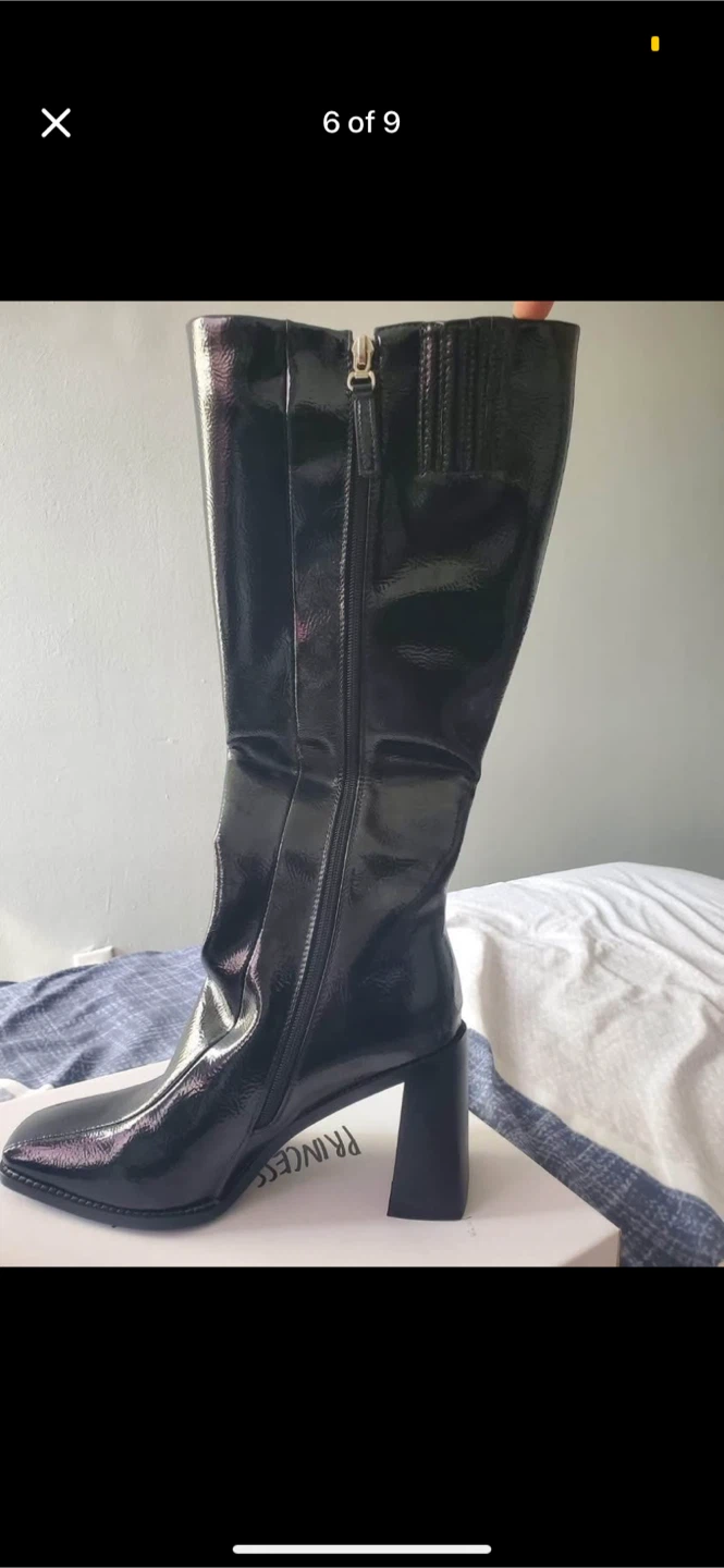 Princess Polly Lenore Black Crinkle Patent Boots - US 8