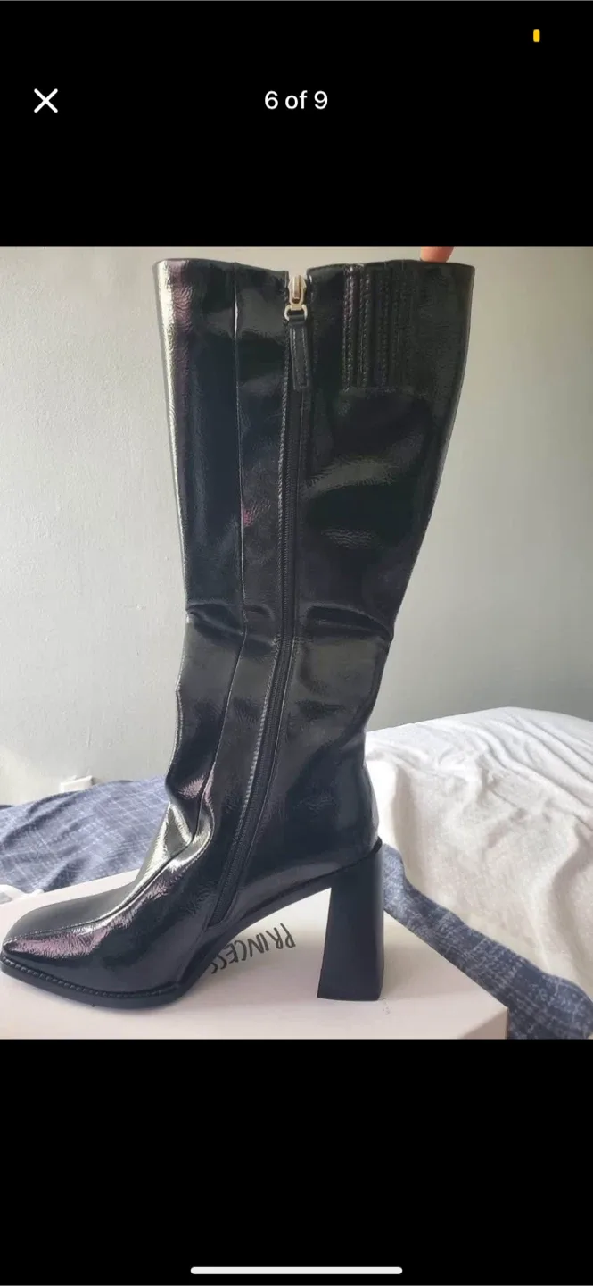 Princess Polly Lenore Black Crinkle Patent Boots - US 8 thumbnail