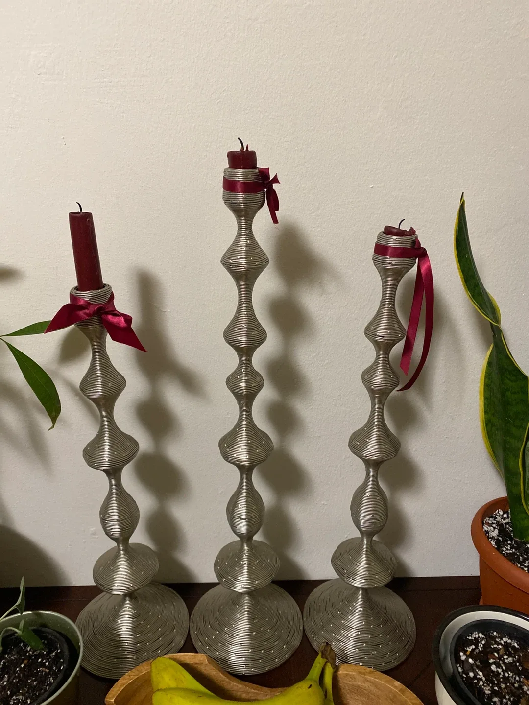 Big size Set of 3 Silver Metal Candlestick Holders thumbnail