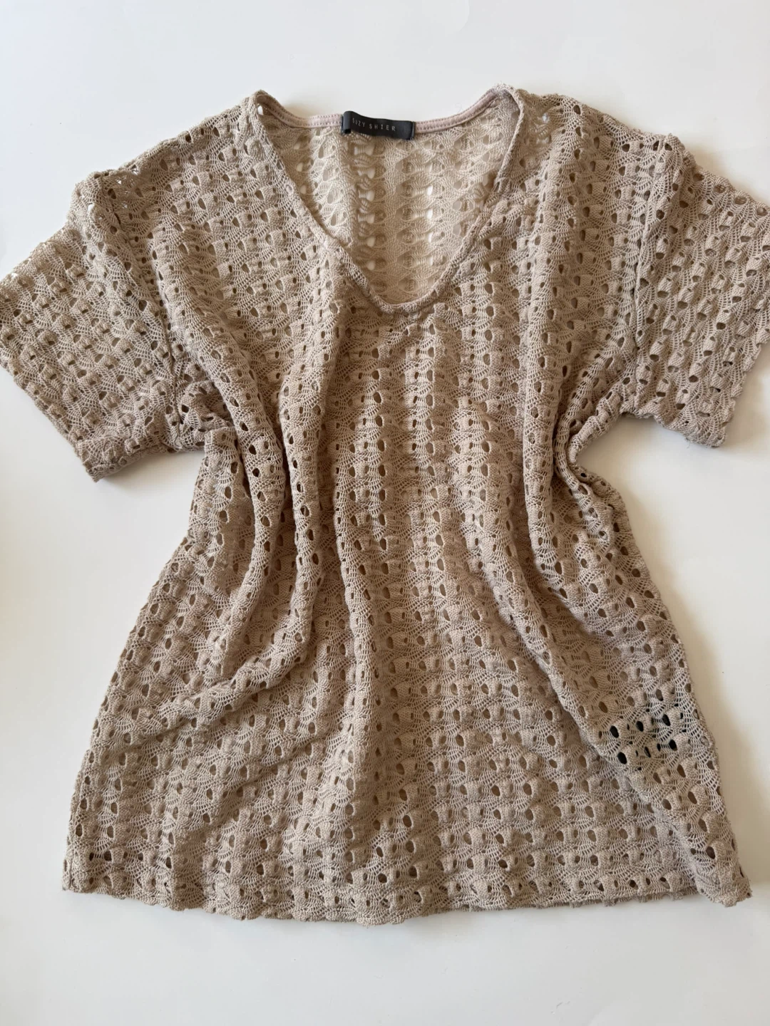 Suzy Shier Beige Crochet Knit Top Size XS