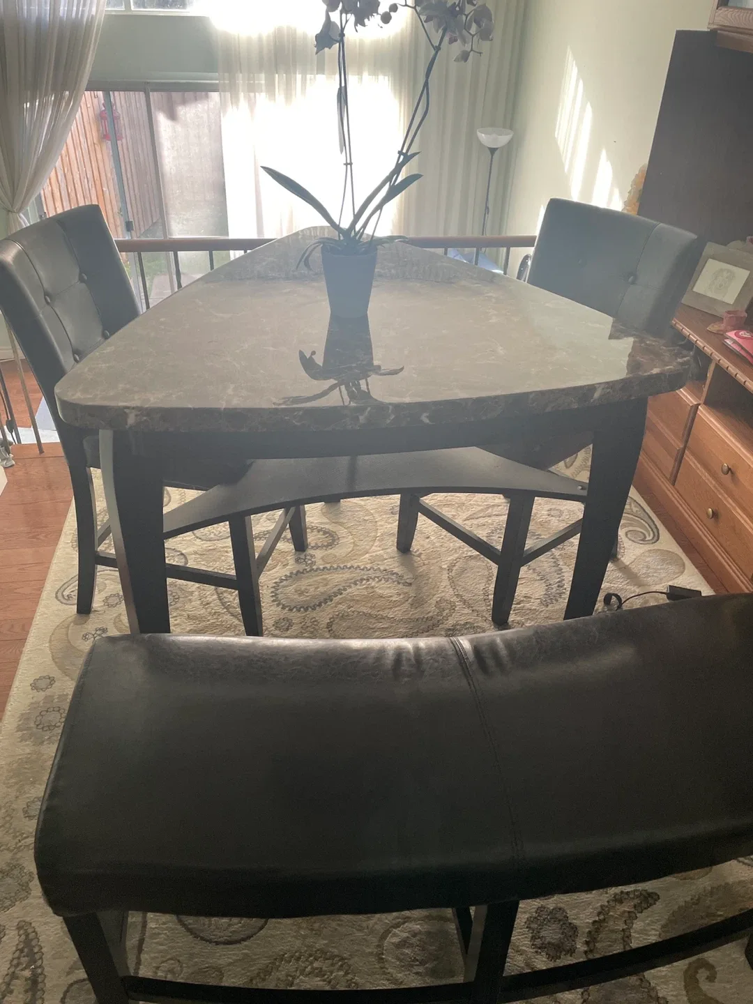 Marble-Look Triangular Dining Table with Chairs & Bench image indicator(2)