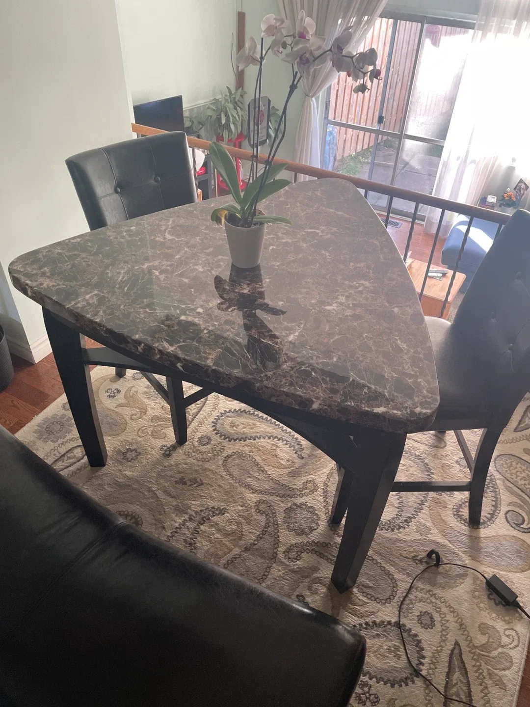 Marble-Look Triangular Dining Table with Chairs & Bench thumbnail