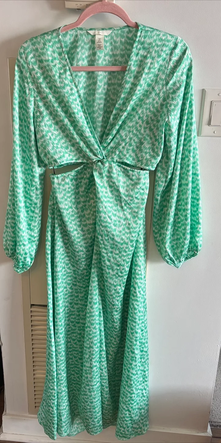 H&M Green & White Cutout Midi Dress - Size S thumbnail