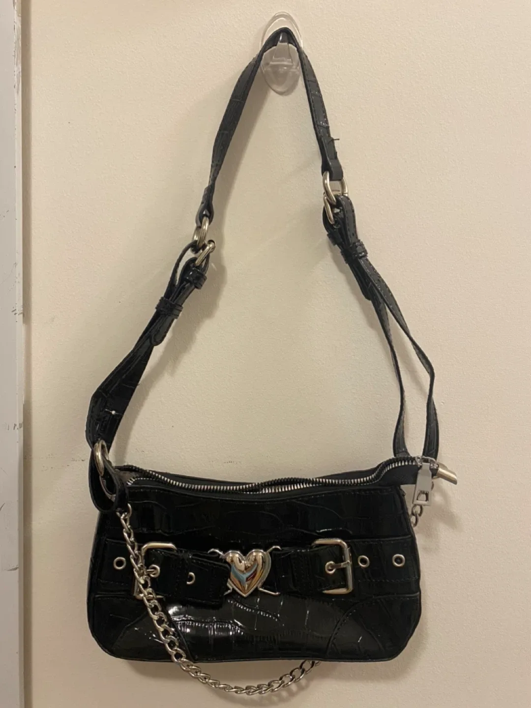 Black Croc-Embossed Shoulder Bag with Heart Detail thumbnail