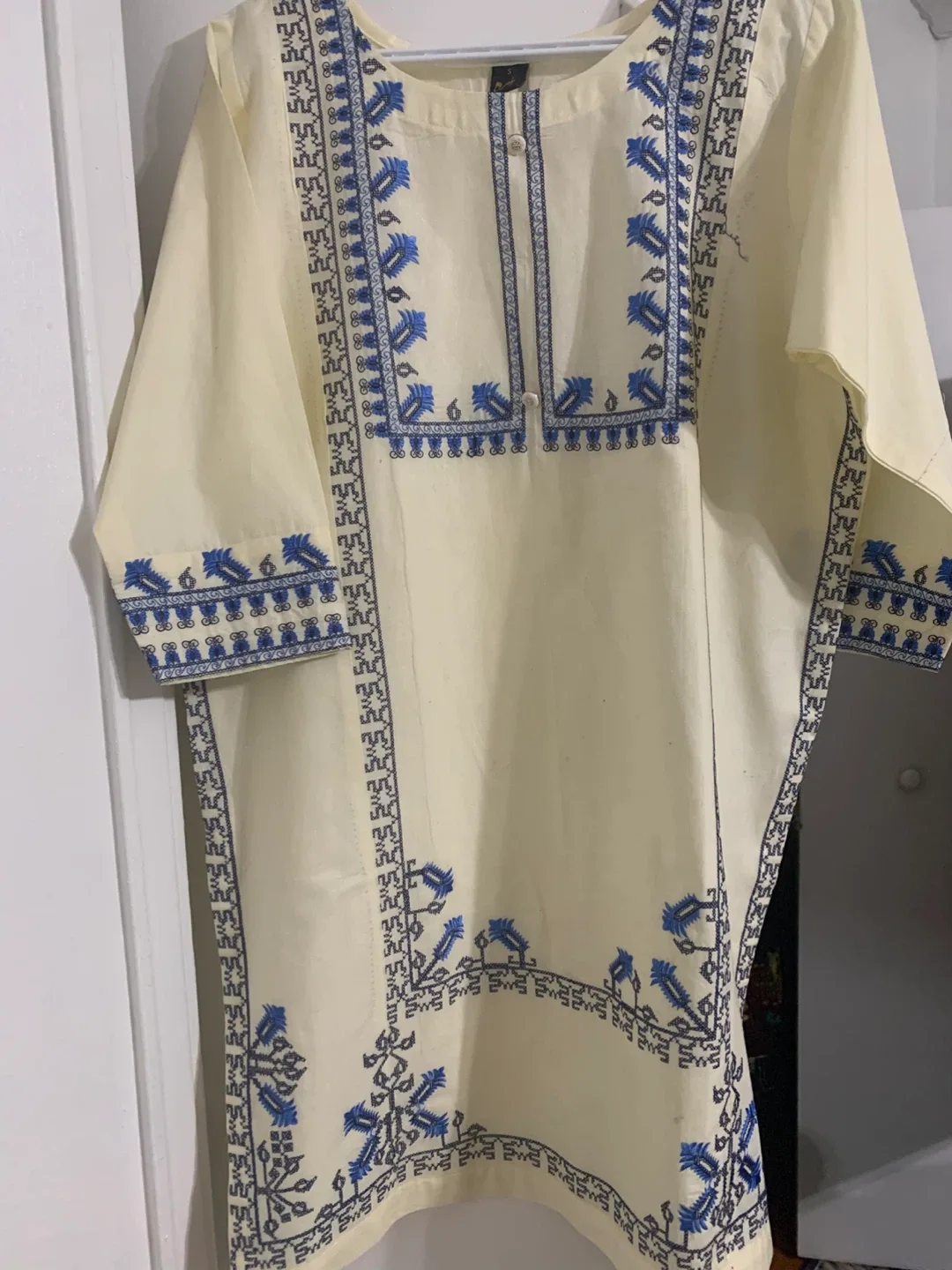 Cream & Blue Embroidered Kurti thumbnail