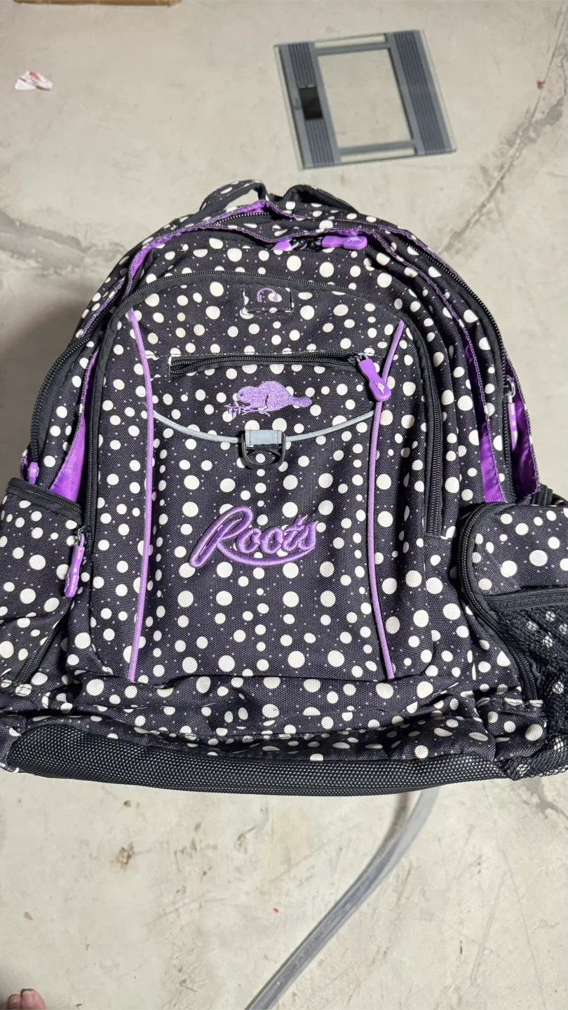 Roots Backpack - Black with White Polka Dots & Purple Accents thumbnail