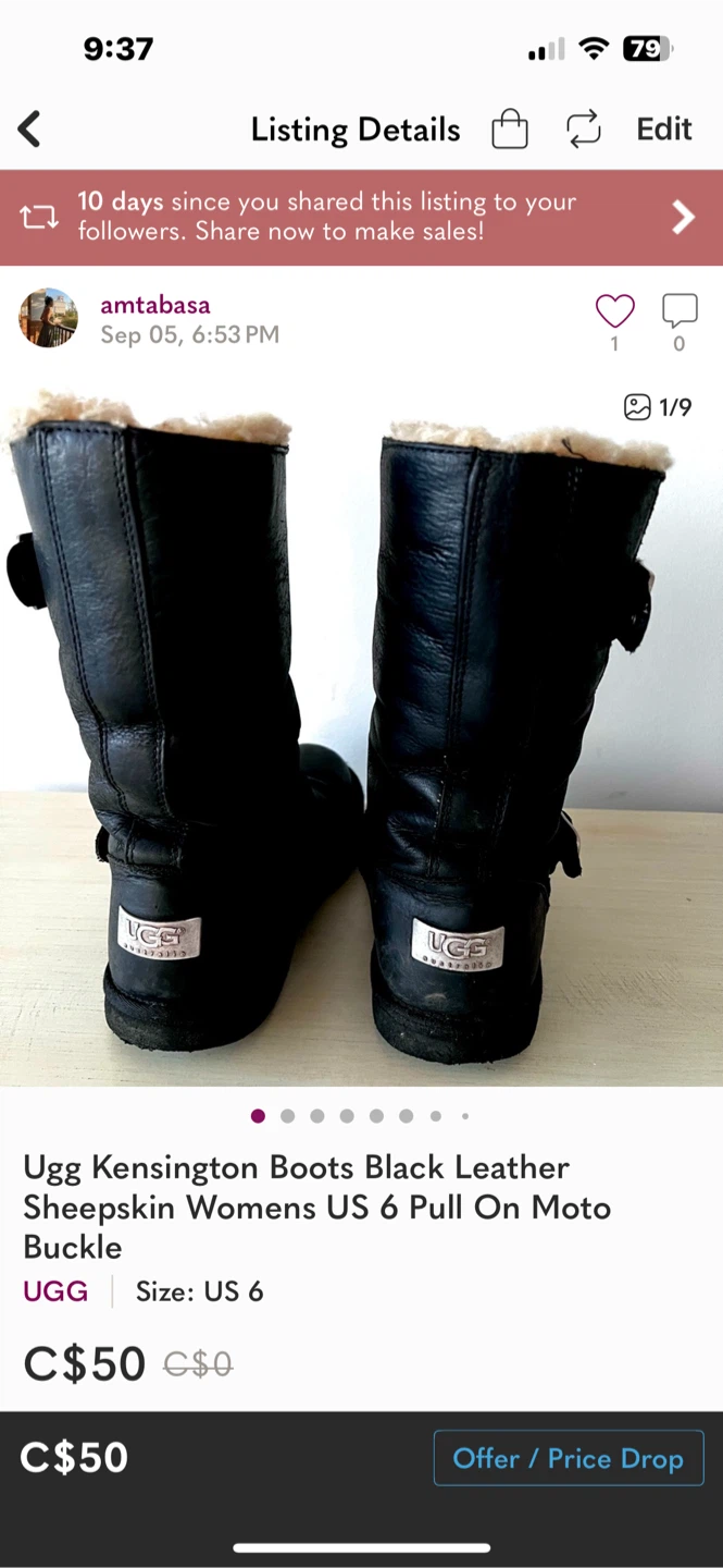 UGG Kensington Black Leather Boots - Women's US 6