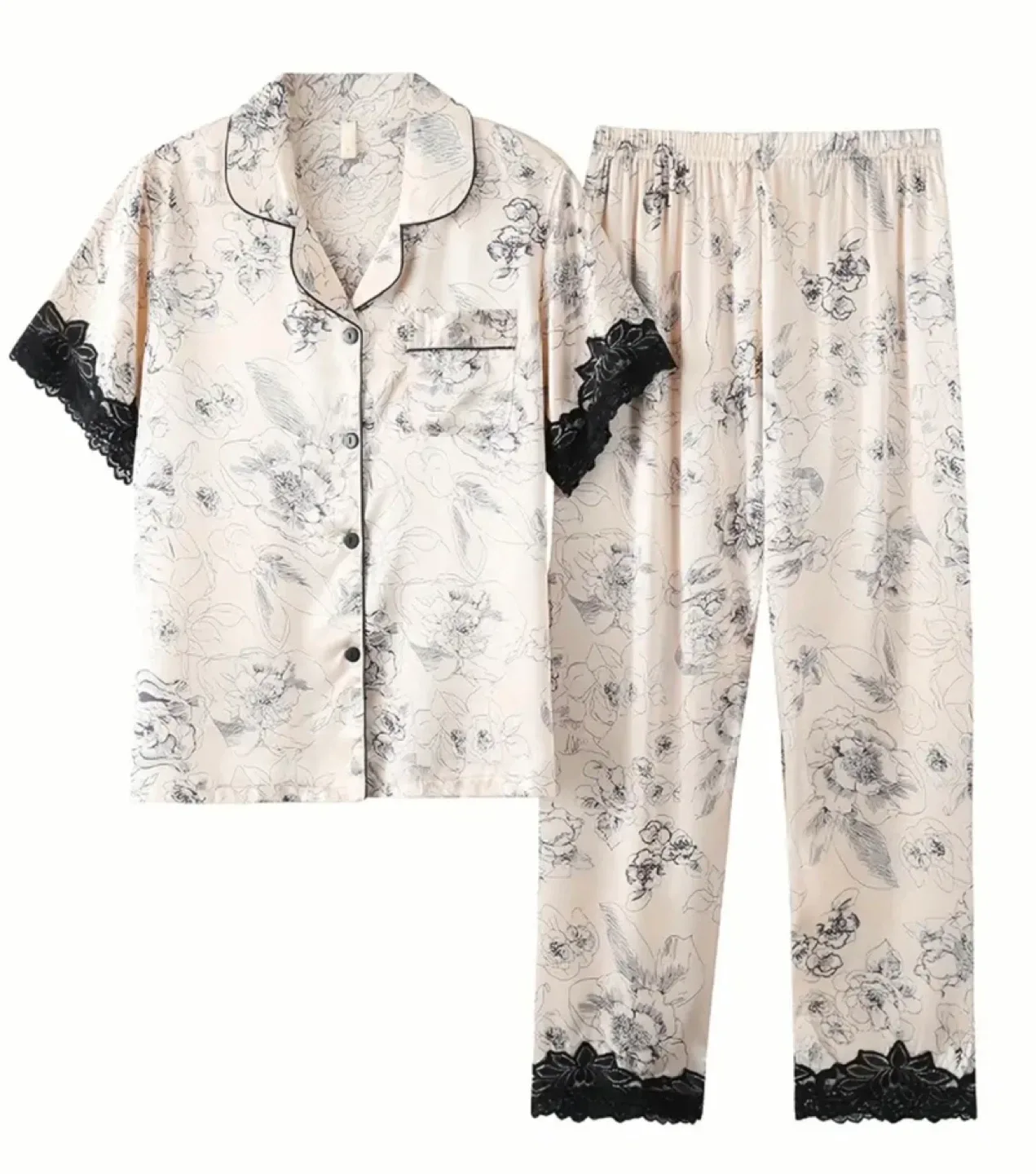 Floral Pajama Set with Lace Trim image indicator(2)