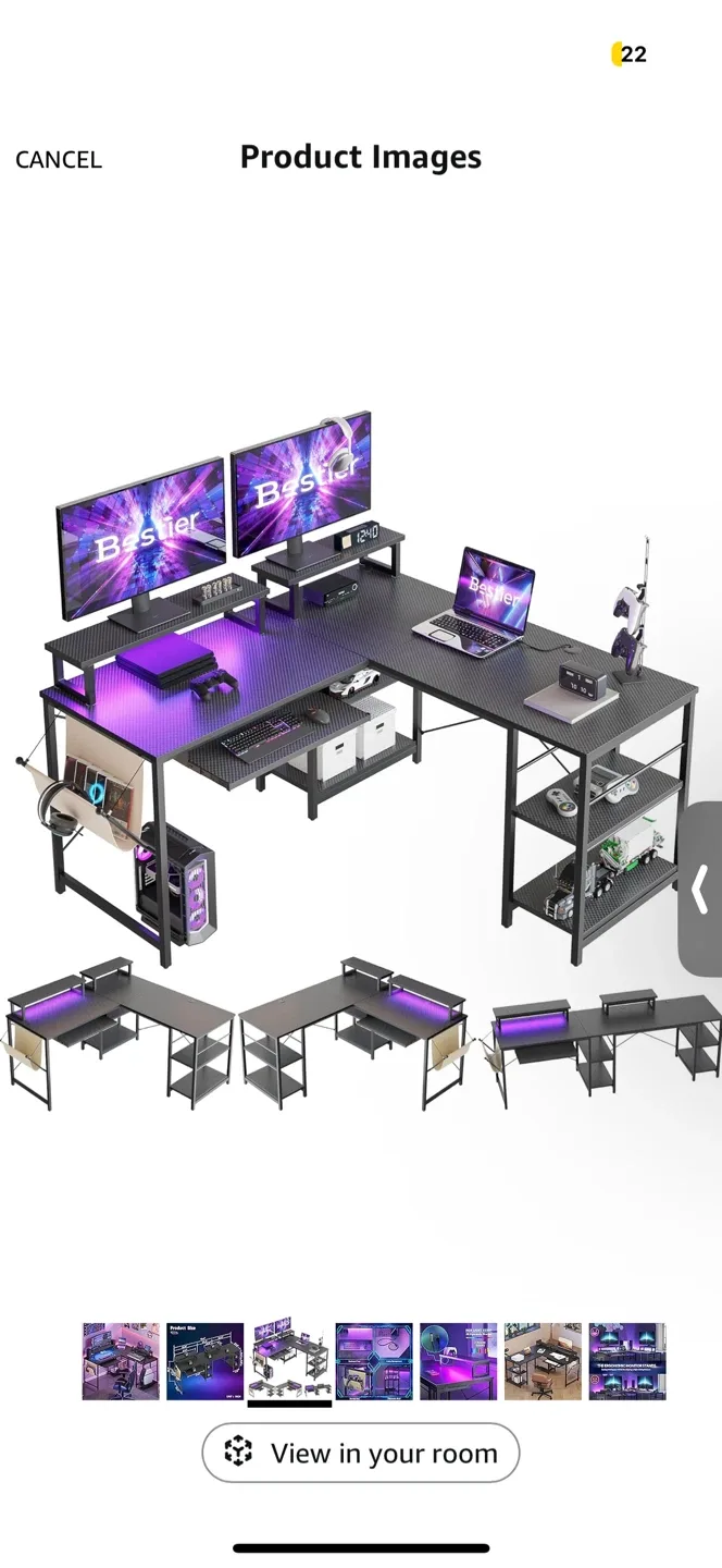 Black Bestier L-Shaped 95.2” LED Computer Corner Desk thumbnail