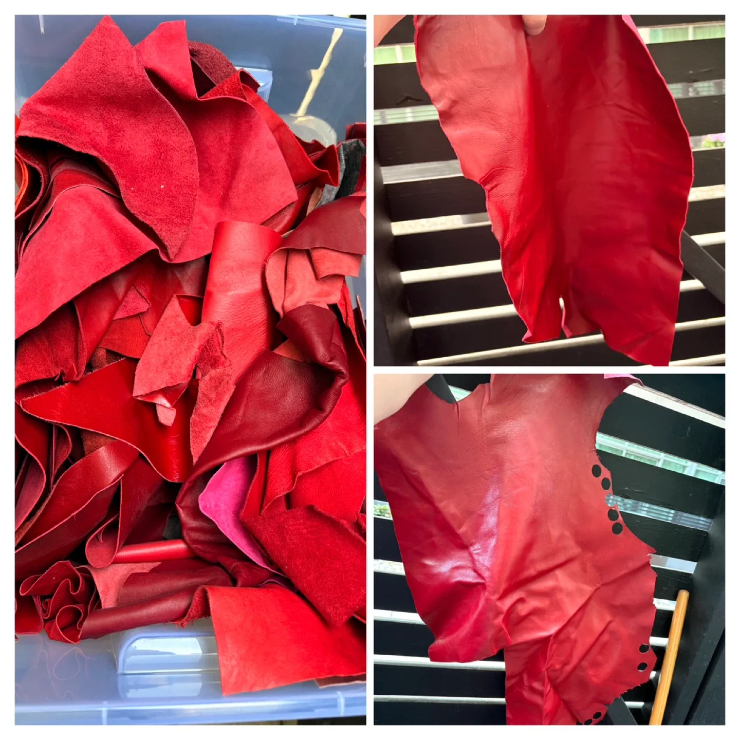 Leather Scraps Sorted by Colour in 11 Totes & 3 Large Pieces thumbnail