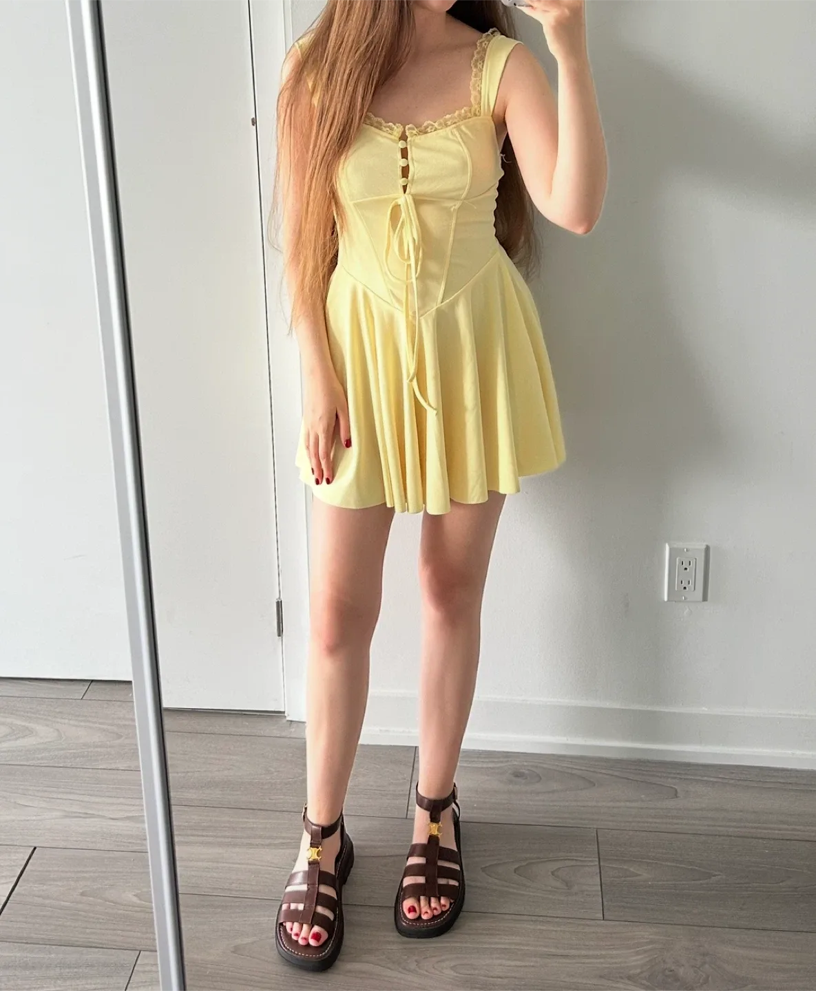 Yellow Mini Dress with Lace Trim thumbnail