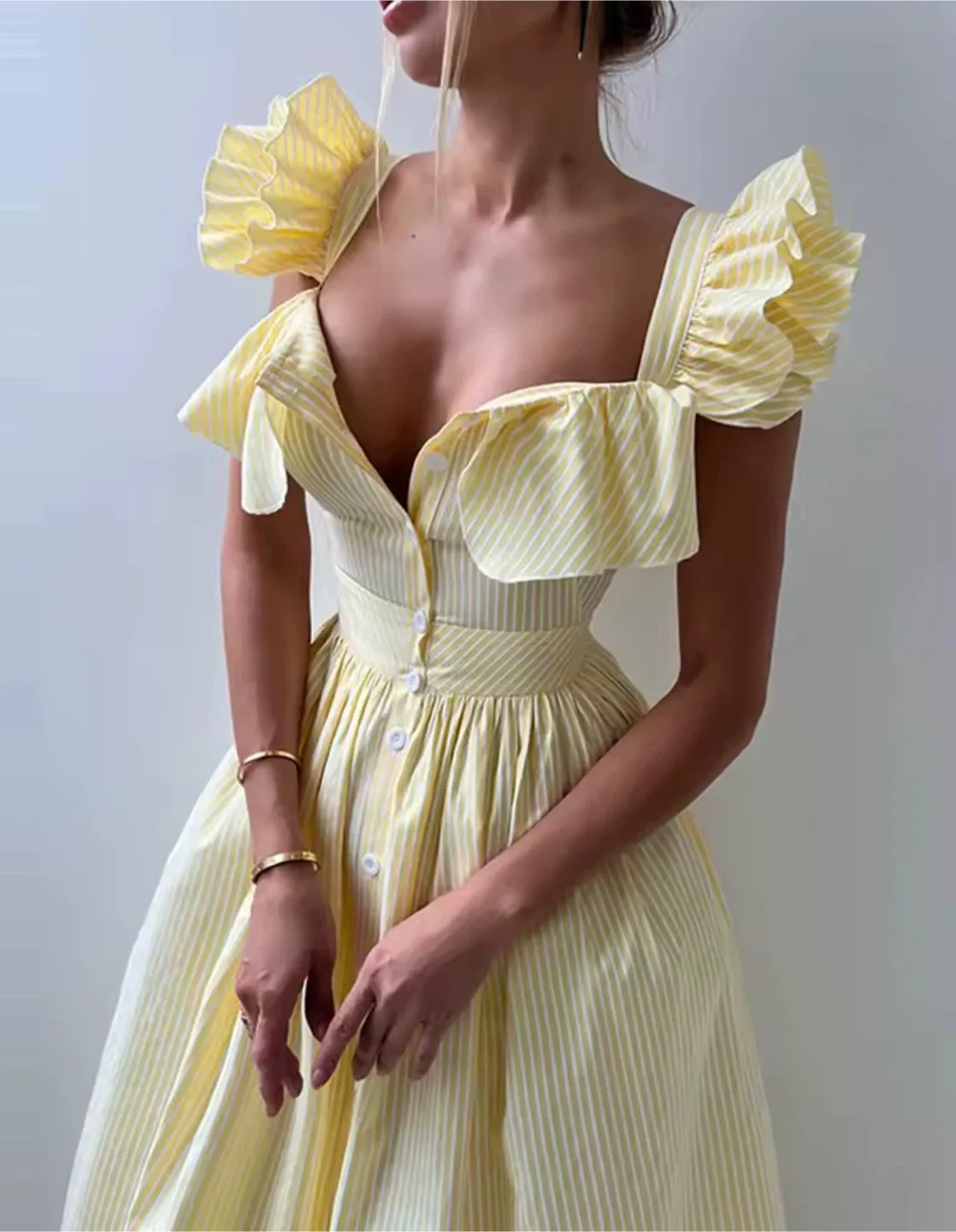 Yellow Striped Ruffle Dress - Size Small thumbnail