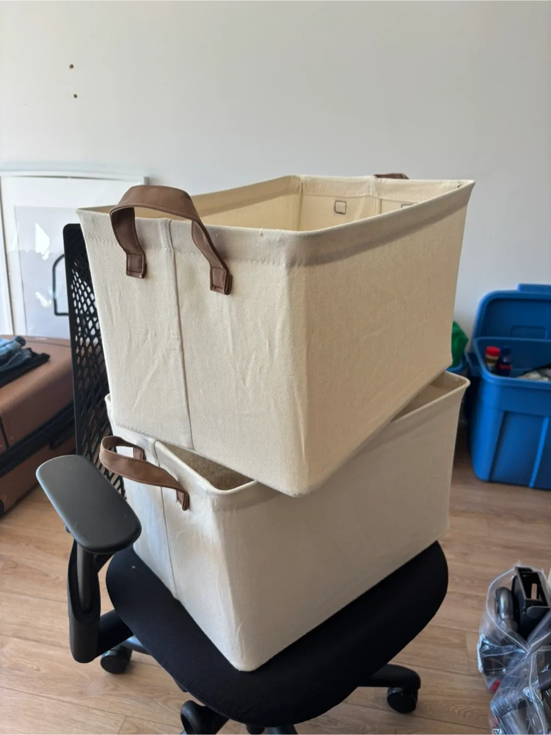 2 Fabric Storage Bins with Handles - Beige, New thumbnail