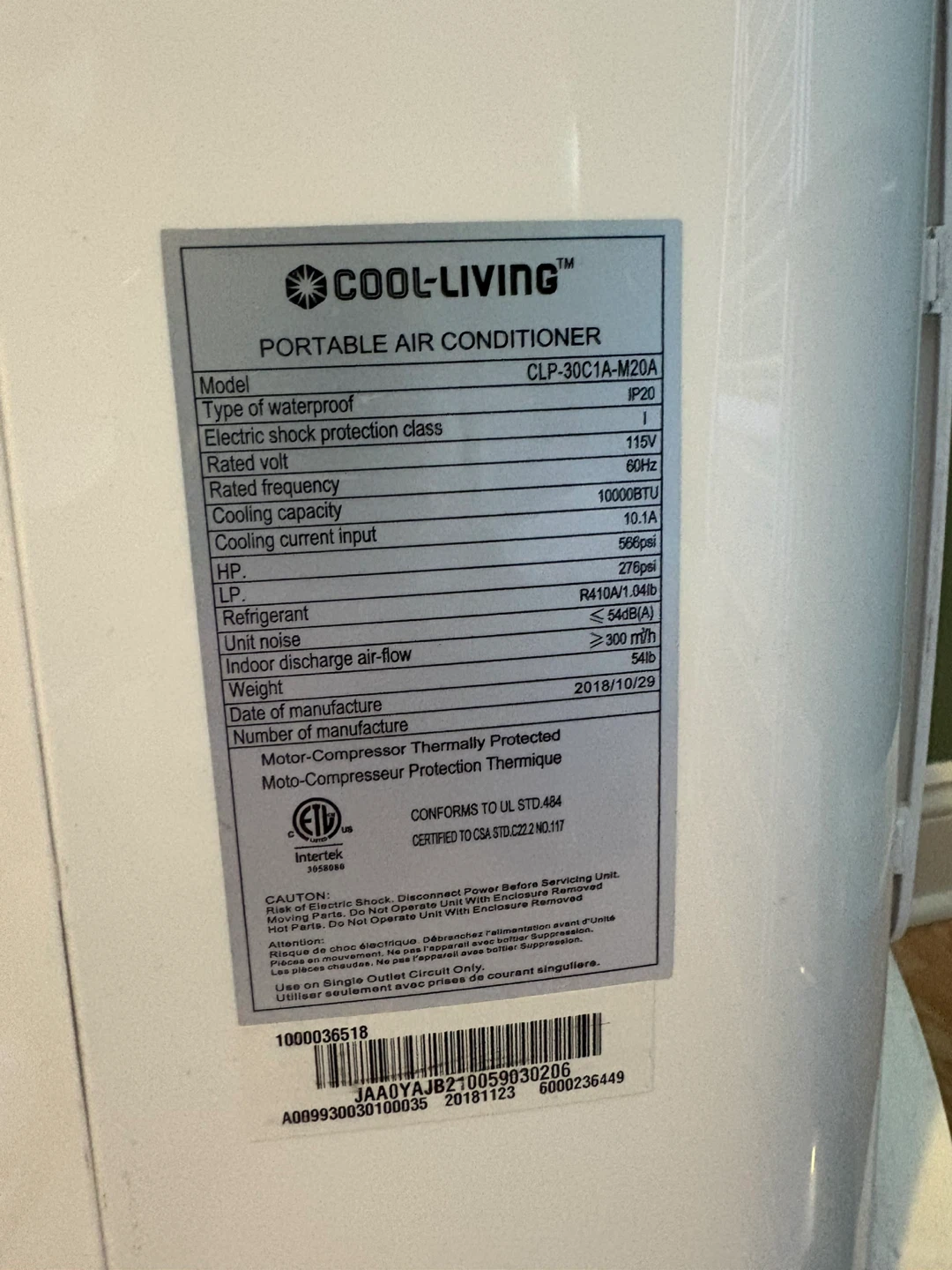 🥕Cool-Living Portable Air Conditioner CLP-30C1A-M20A🥕 - photo 3
