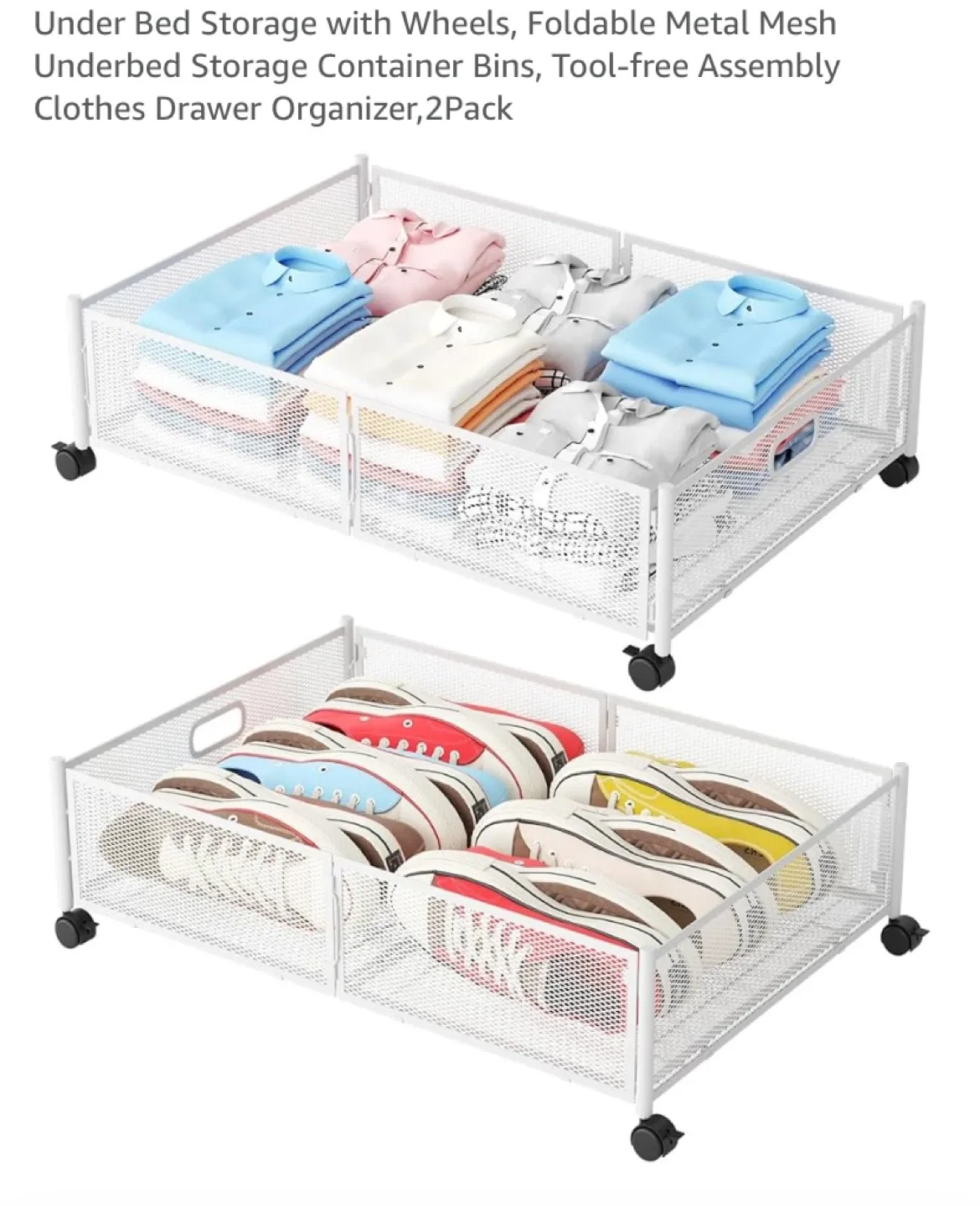 New 2 Foldable Metal Mesh Underbed Storage Container Bins White thumbnail