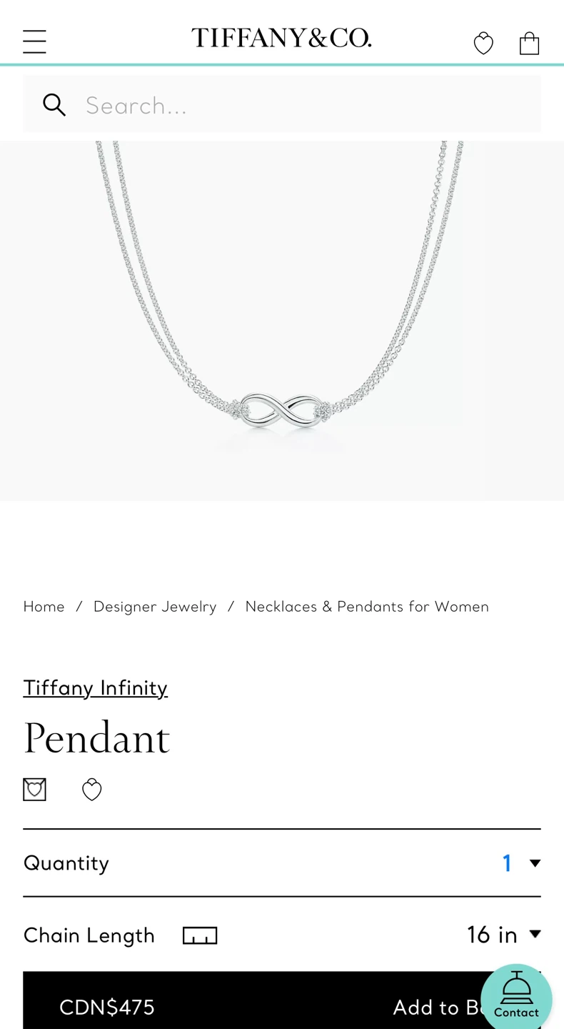 Tiffany & Co. Infinity Pendant Necklace, 16 inch $350
