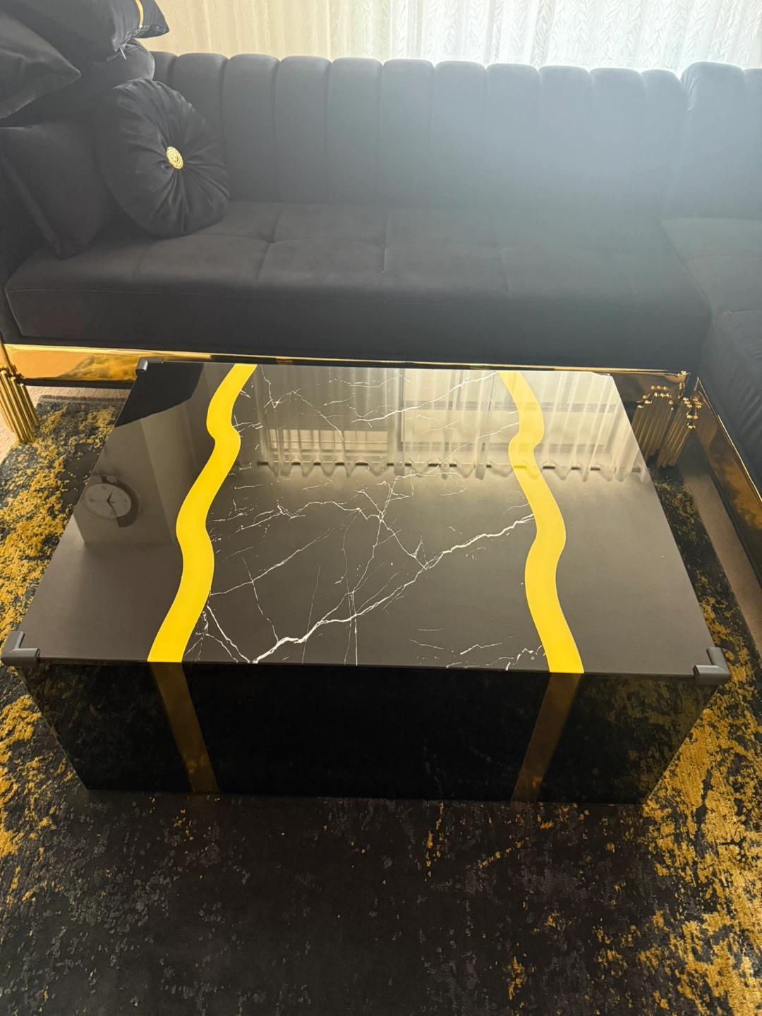 Black Marble Coffee Table with Yellow Accents
