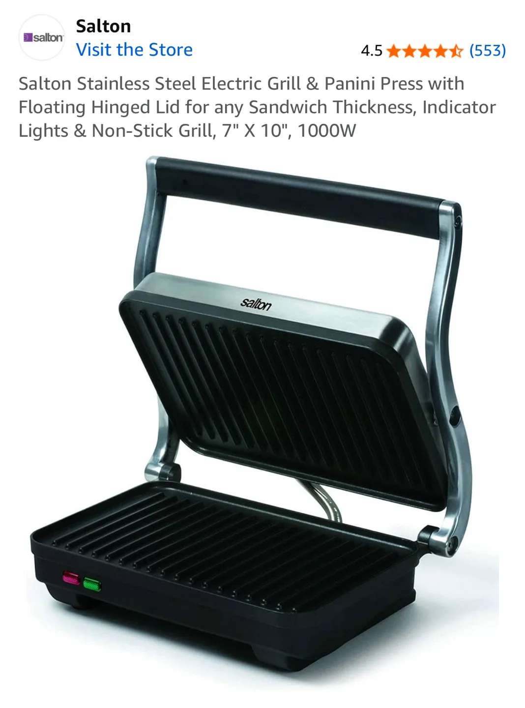 Salton Stainless Steel Electric Grill & Panini Press thumbnail