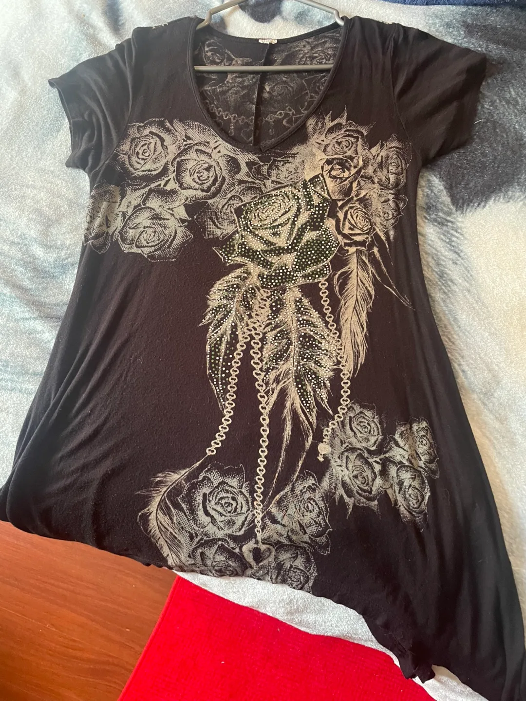 Black Tunic Top with Rose & Feather Design thumbnail