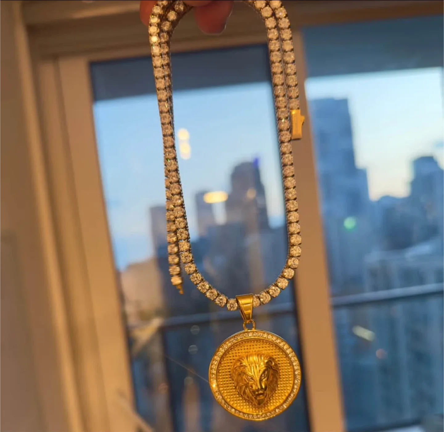 Coated in Pure 18 K Gold Tennis chain, with Lion pendant image indicator(2)