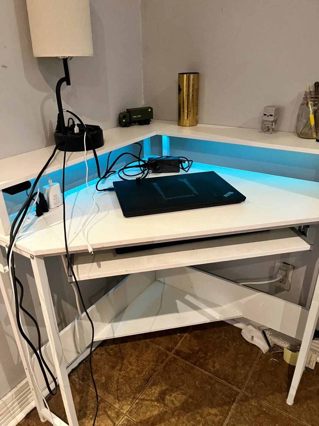White Corner Desk with Blue LED Lighting thumbnail