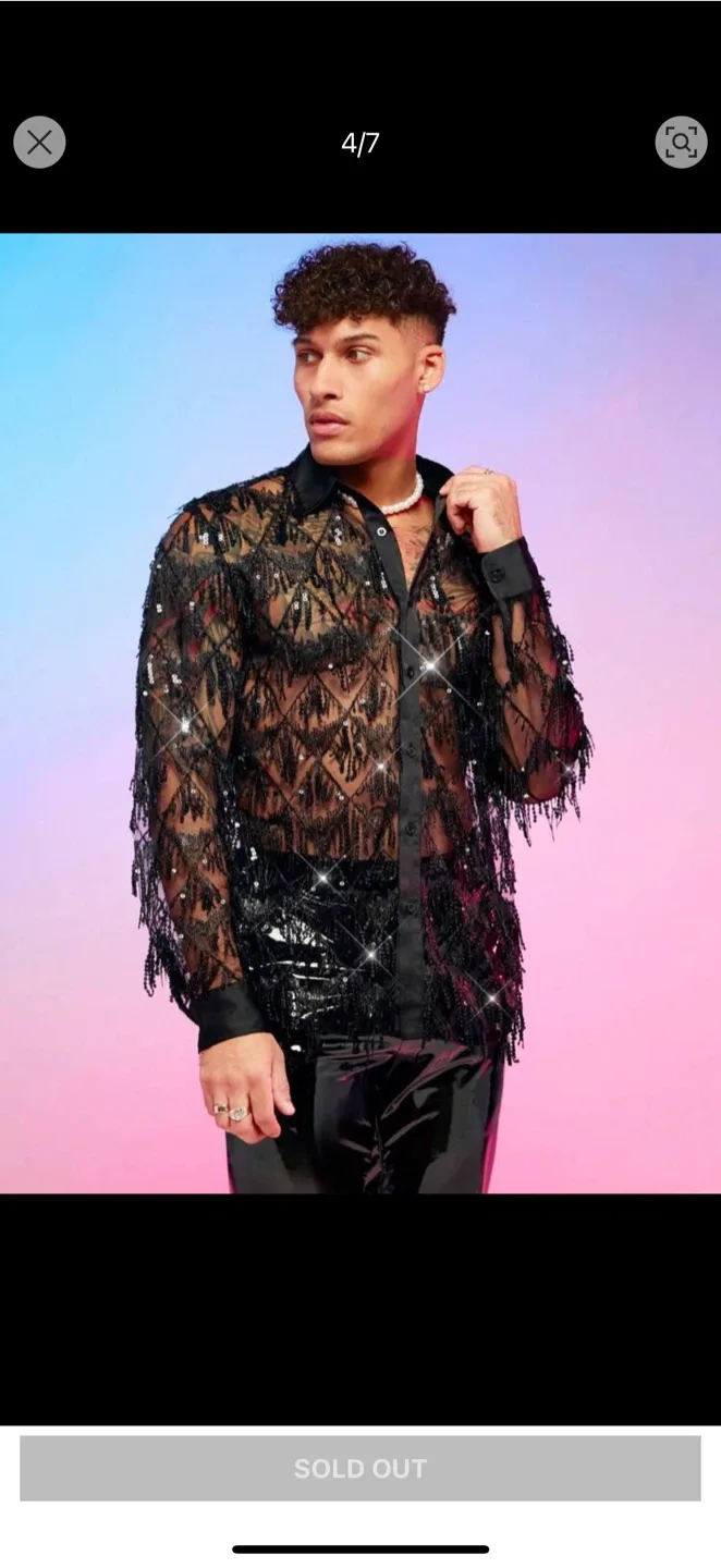Boohoo Black Sheer Embellished Fringe Shirt thumbnail