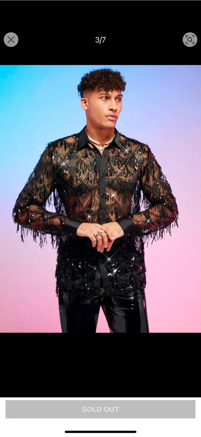 Boohoo Black Sheer Embellished Fringe Shirt image indicator(4)