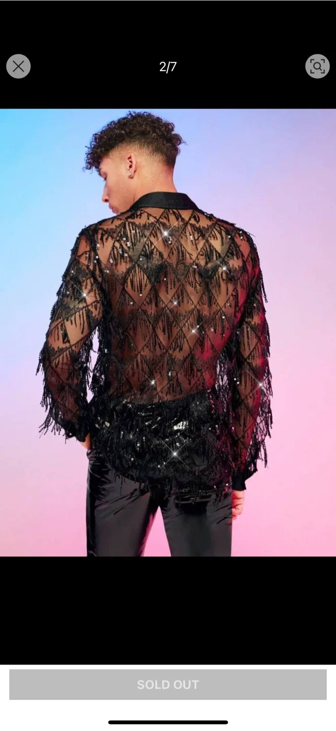 Boohoo Black Sheer Embellished Fringe Shirt image indicator(6)