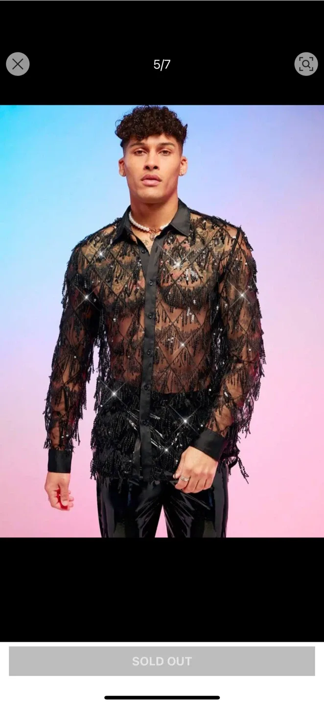 Boohoo Black Sheer Embellished Fringe Shirt image indicator(7)