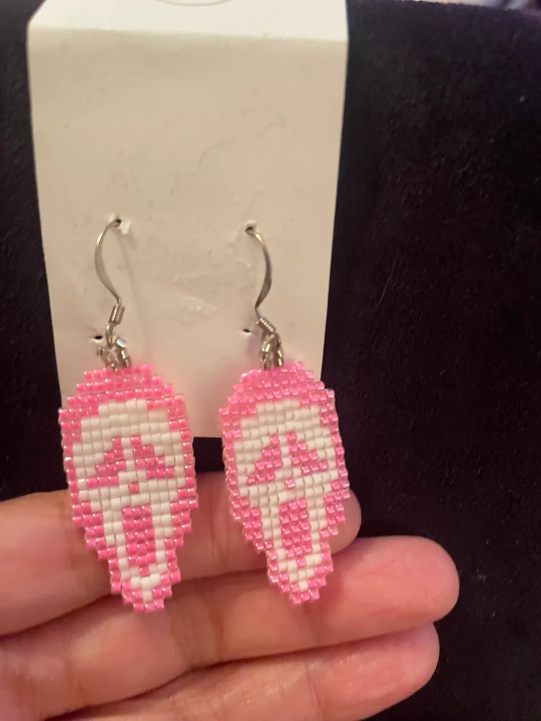 Handmade Beaded Ghostface Earrings - Pink & White thumbnail