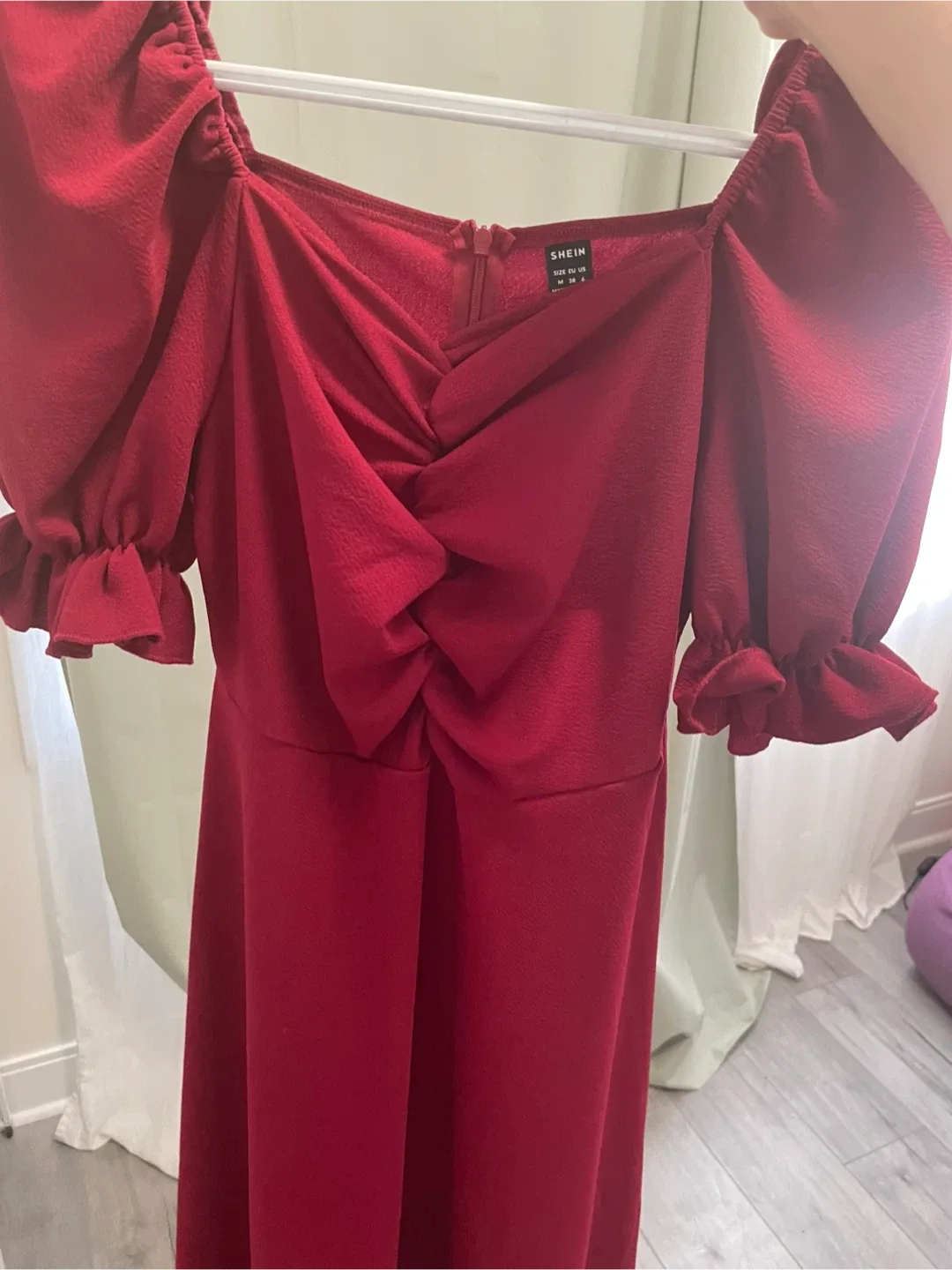 Modelyn Burgundy Ruched Puff Sleeve A-Line Dress thumbnail