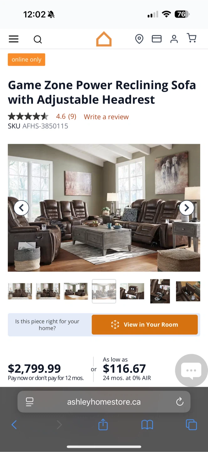 Game Zone Power Reclining Sofa w/ Adjustable Headrest