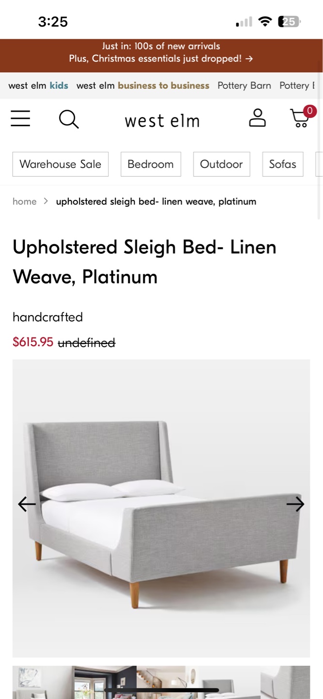 Full Size West Elm Upholstered Sleigh Bed - Linen Weave