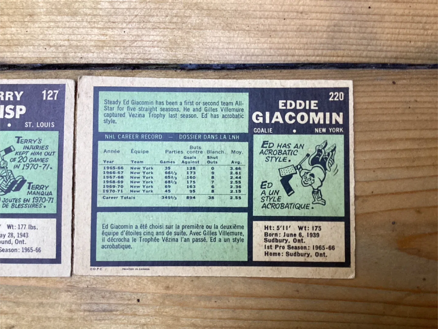 1971-72 OPC ED GIACOMIN #220 & TERRY CRISP #127 Hockey Cards image indicator(6)
