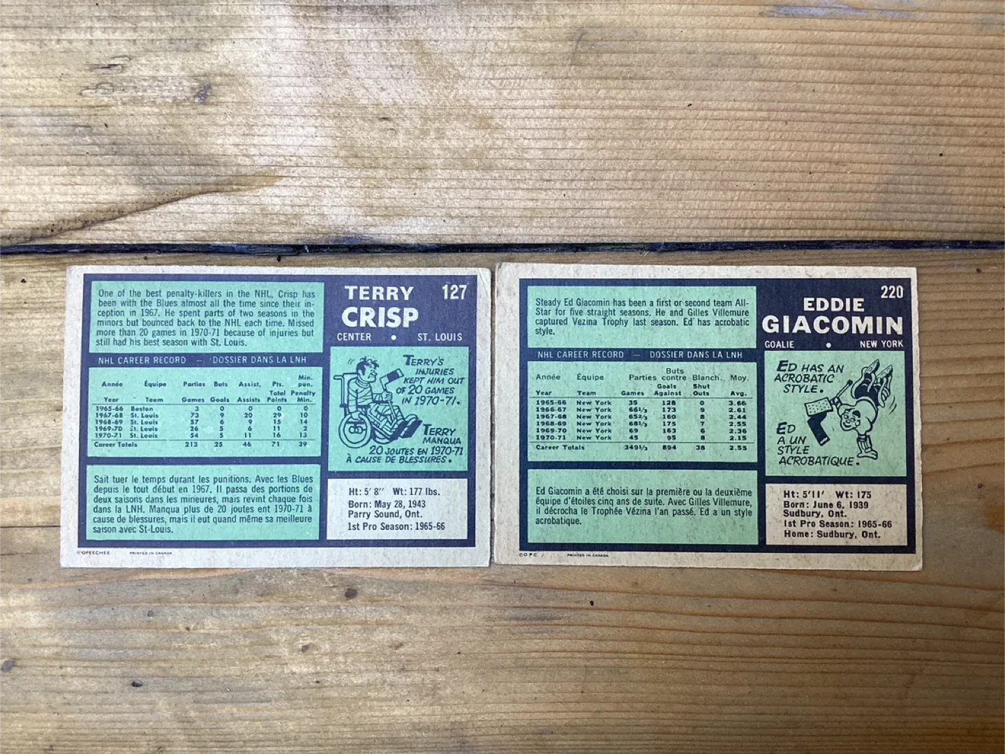 1971-72 OPC ED GIACOMIN #220 & TERRY CRISP #127 Hockey Cards image indicator(4)